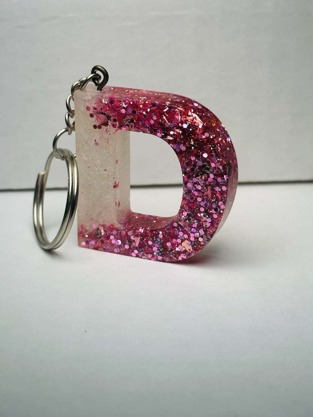 Handmade Resin Initial Letter D Keychain with Pink Glitter